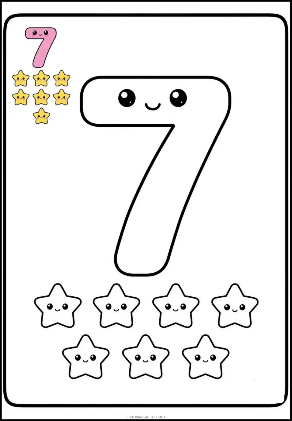 Number 7 coloring page in the mini book, featuring a smiling numeral and seven stars with a colored example