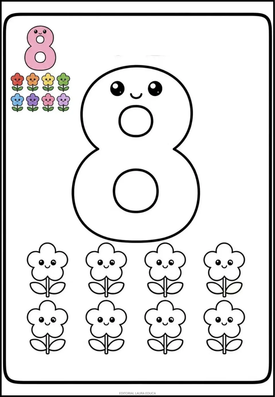 Number 8 coloring page in the mini book, featuring a smiling numeral and eight flowers with a colored example