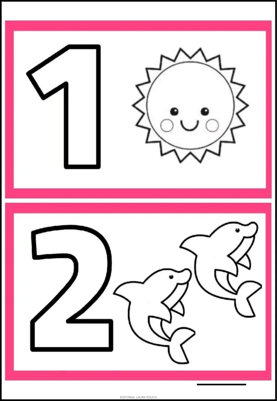 Number coloring flashcards 1 and 2 from the 1–10 set, pairing outlined numerals with one sun and two dolphins