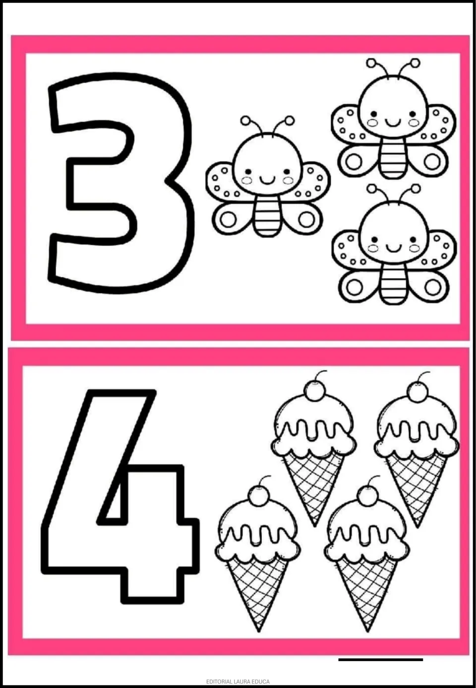 Number coloring flashcards 3 and 4, pairing outlined numerals with three butterflies and four ice cream cones