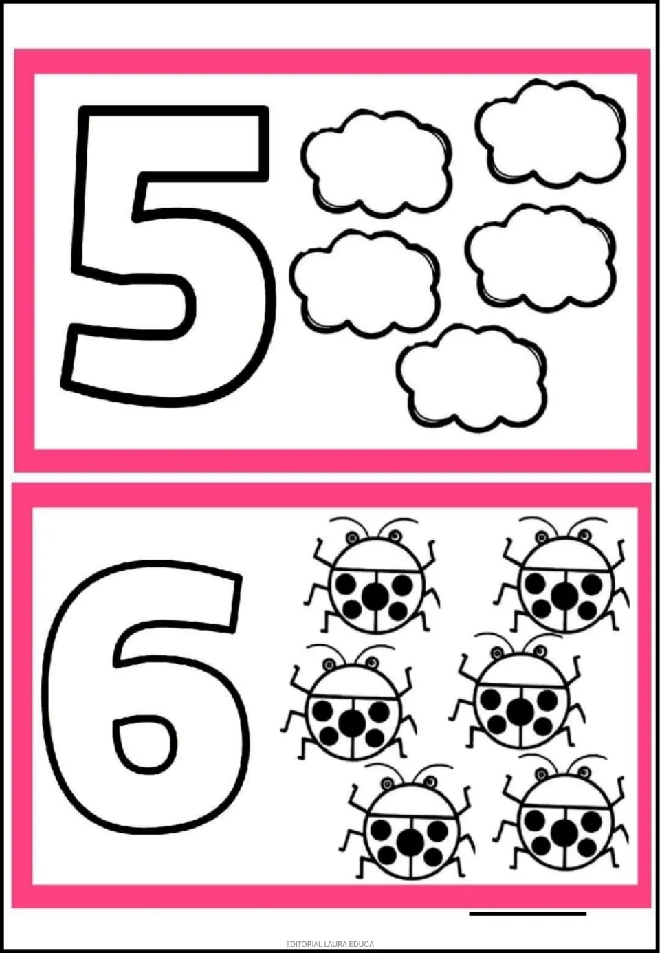 Number coloring flashcards 5 and 6 from the 1–10 set, pairing outlined numerals with five clouds and six ladybugs