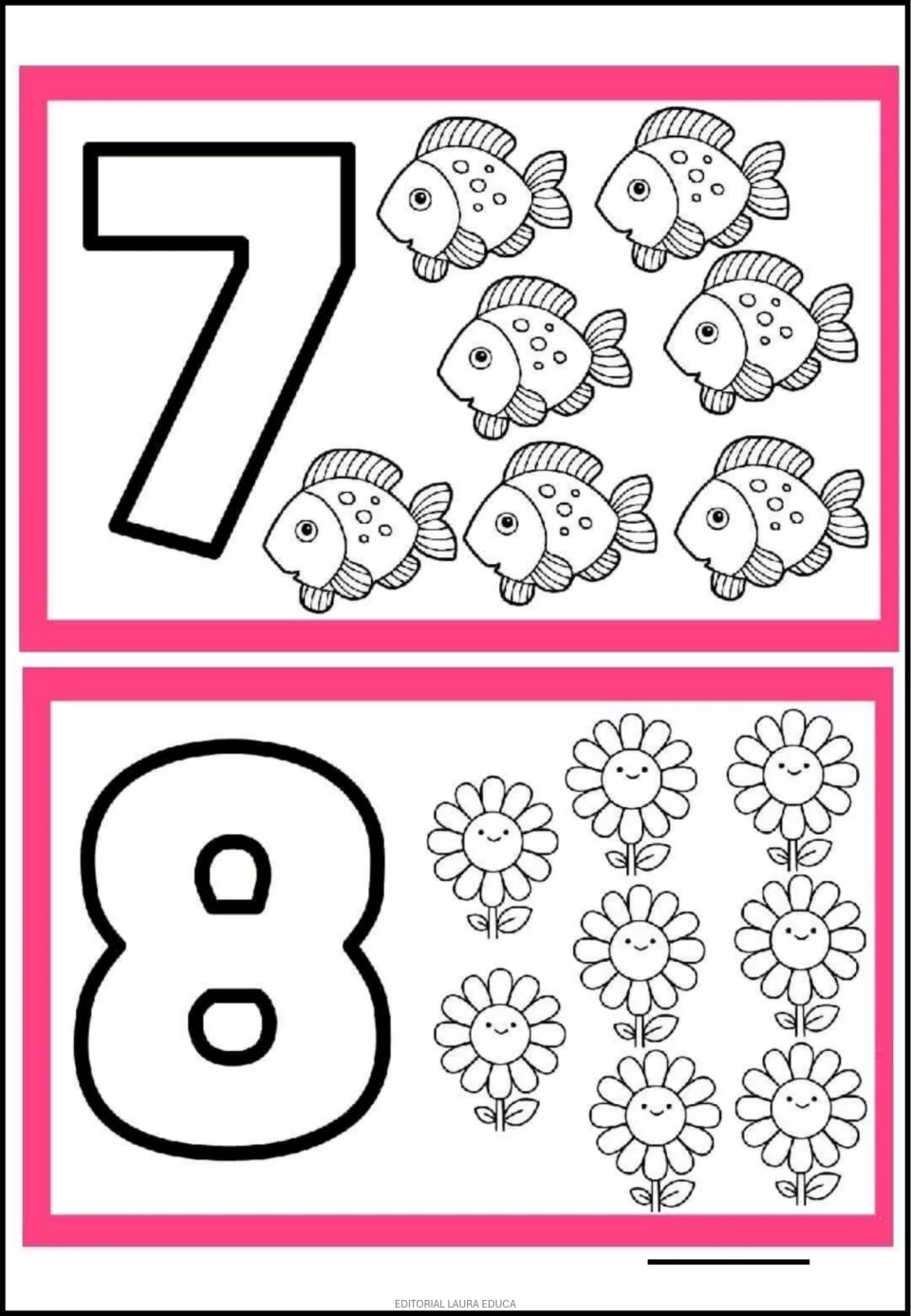 Number coloring flashcards 7 and 8 from the 1–10 set, pairing outlined numerals with seven fish and eight flowers