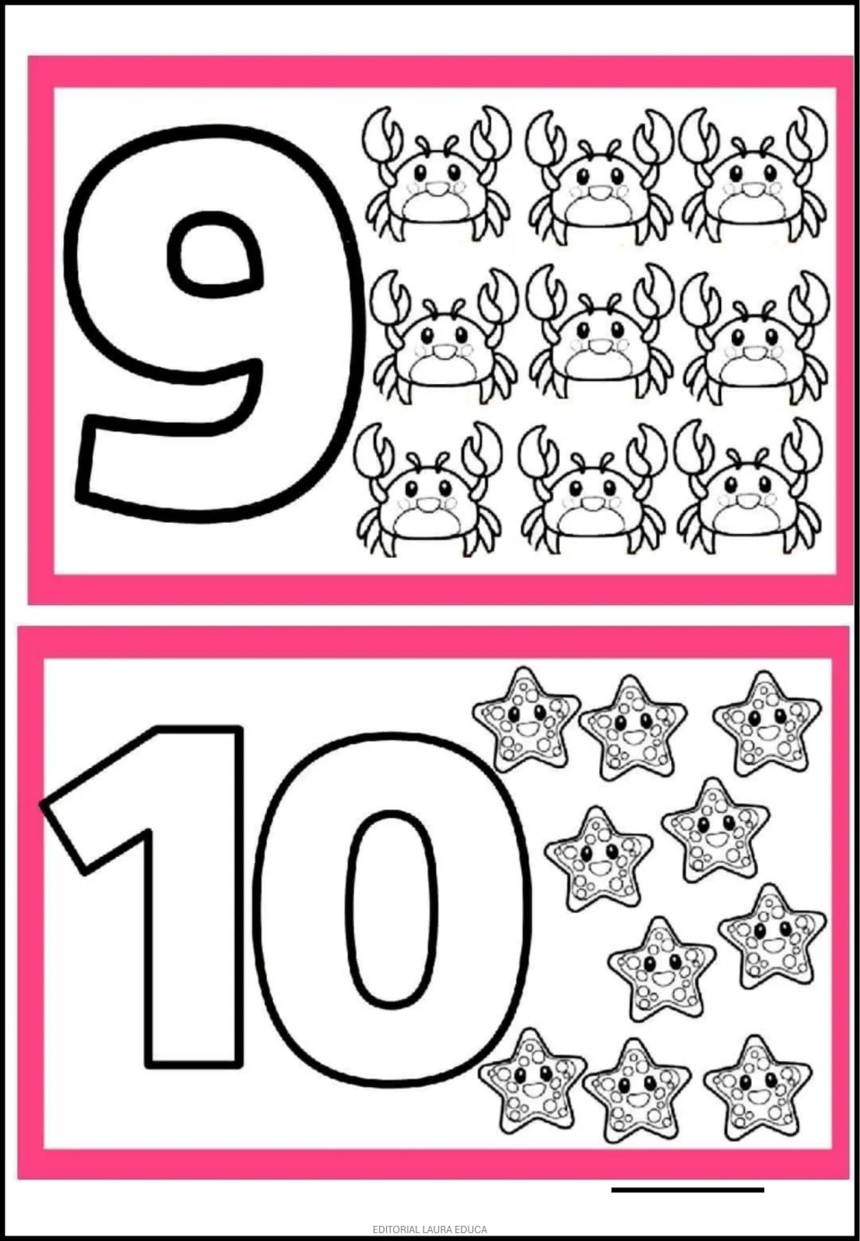 Number coloring flashcards 9 and 10 from the 1–10 set, pairing outlined numerals with nine crabs and ten starfish