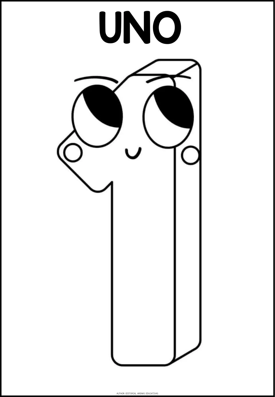 Number word UNO in Spanish above a large outlined numeral 1 with big eyes and a smile for students to color and name