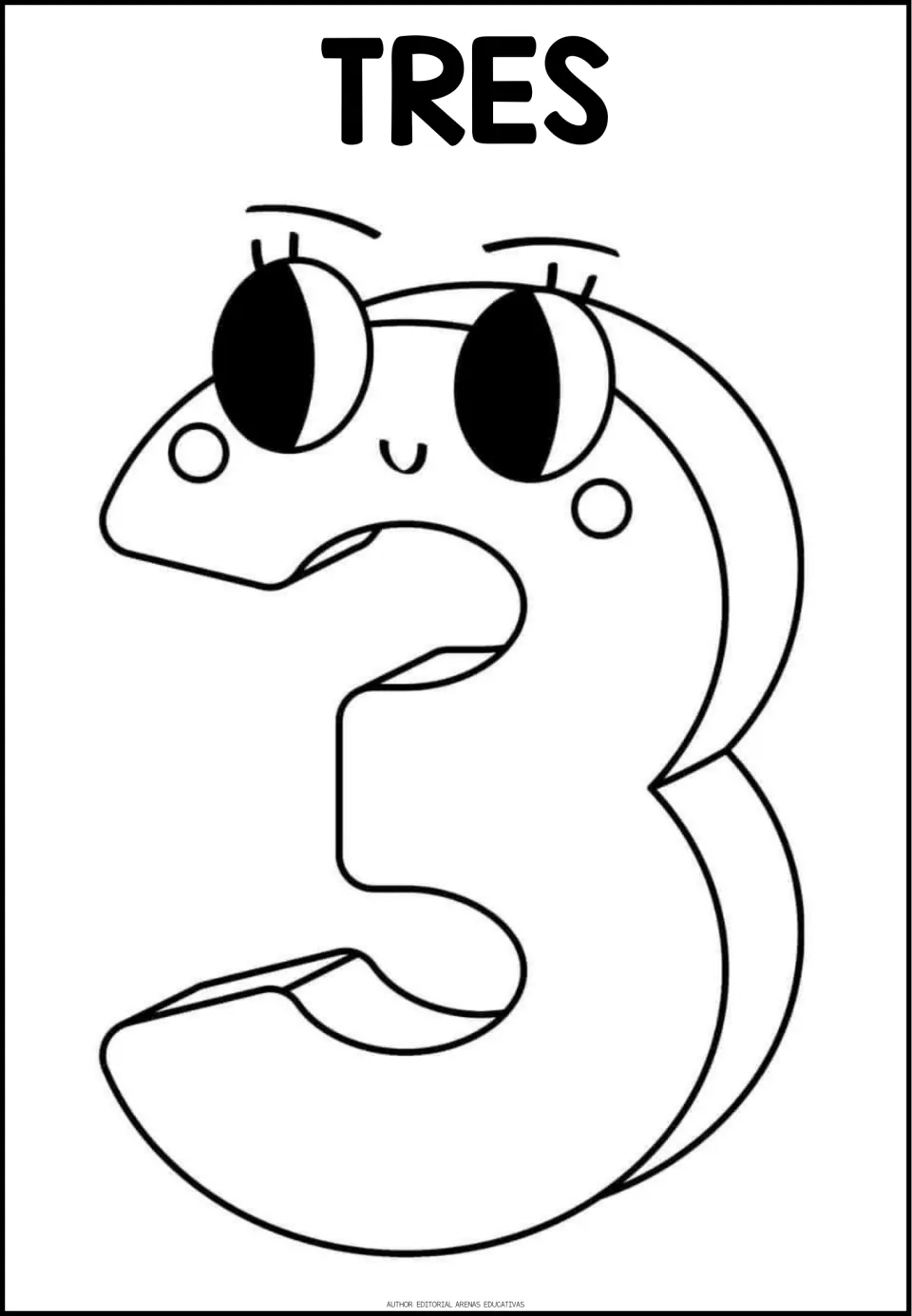Spanish word TRES labels a large outline of the numeral 3 with lashed eyes and a smile, ready for students to color in