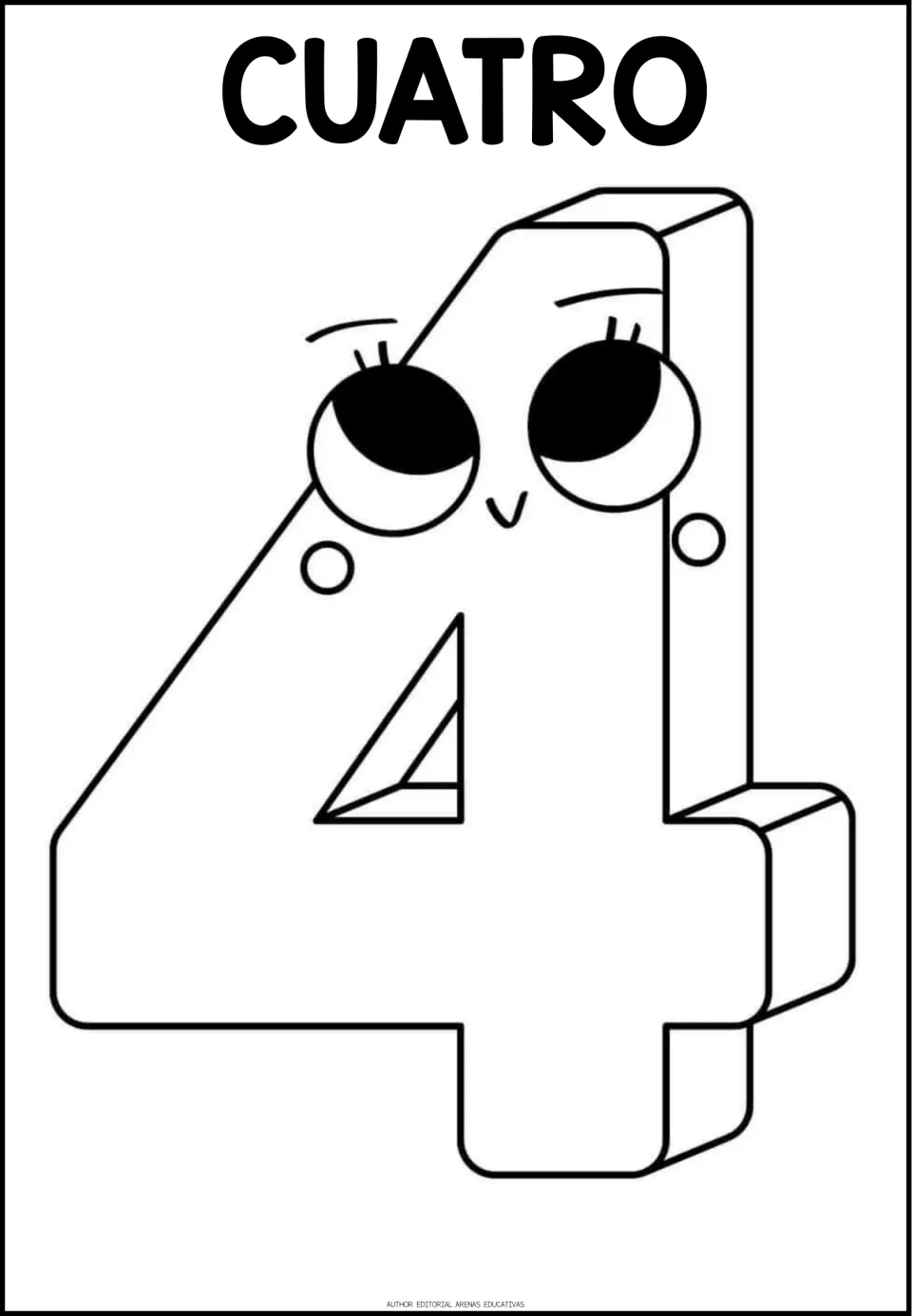 CUATRO heading in Spanish above an outlined numeral 4 with eyelashes and a small smile; students color the number four