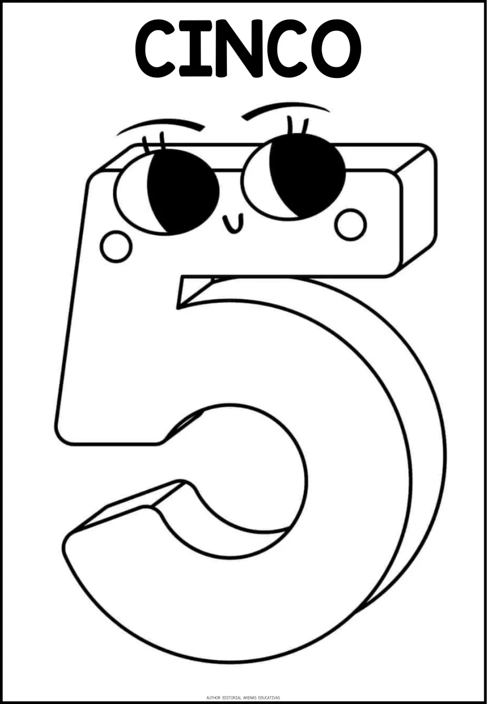 Spanish counting word CINCO over a big outlined 5 with a cartoon face; students color the numeral and link it to cinco