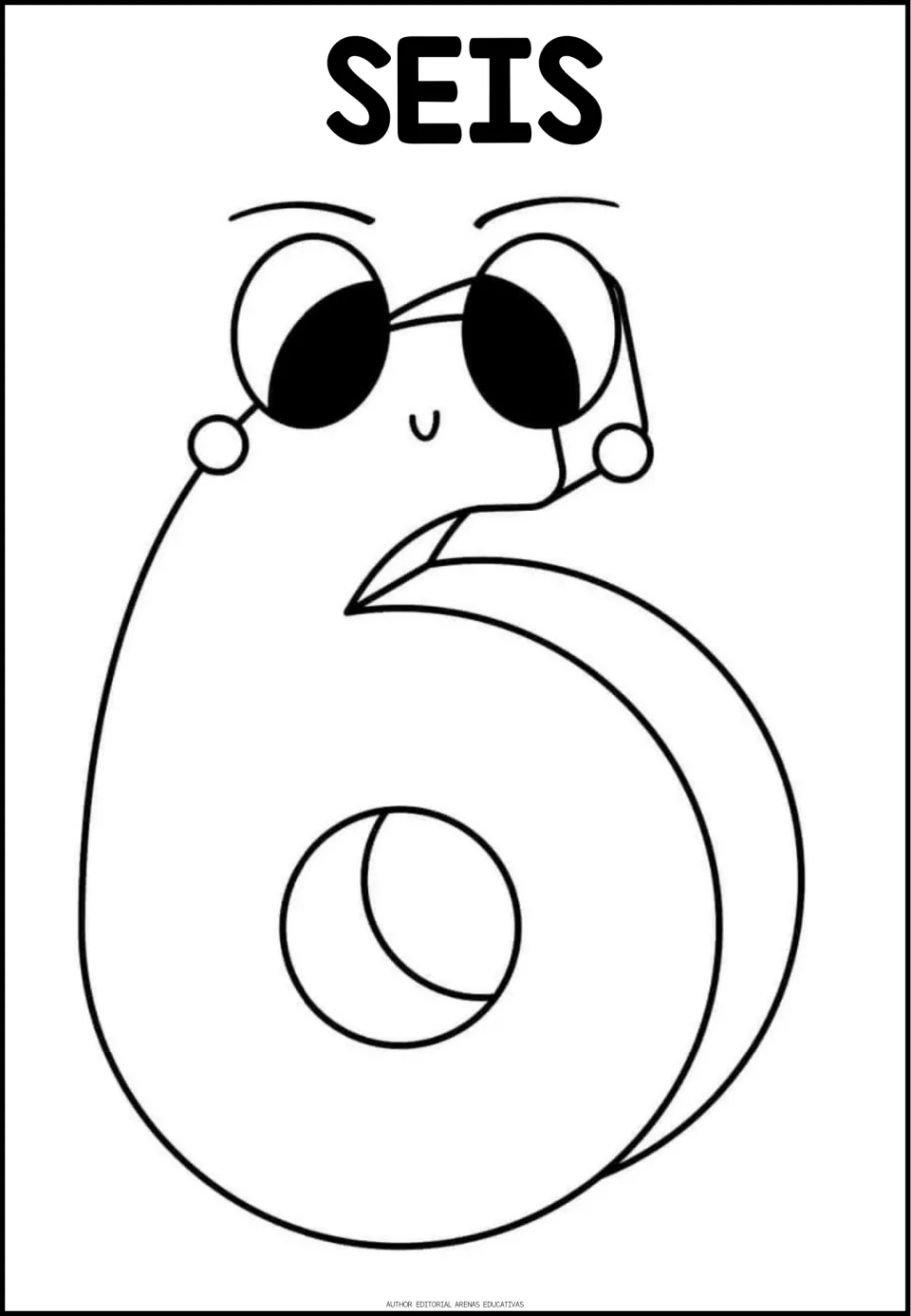 Number word SEIS in Spanish tops a large outlined 6 with wide eyes and cheek dots for students to color and read aloud