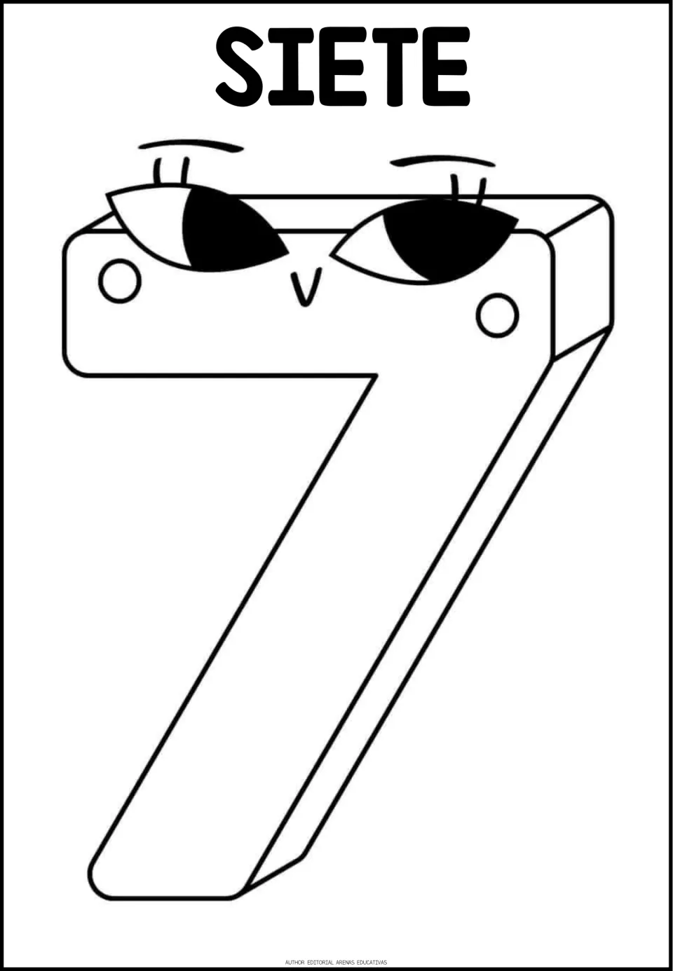 SIETE in Spanish above an outlined numeral 7 with half-closed eyes and lashes; students color it to connect word and 7