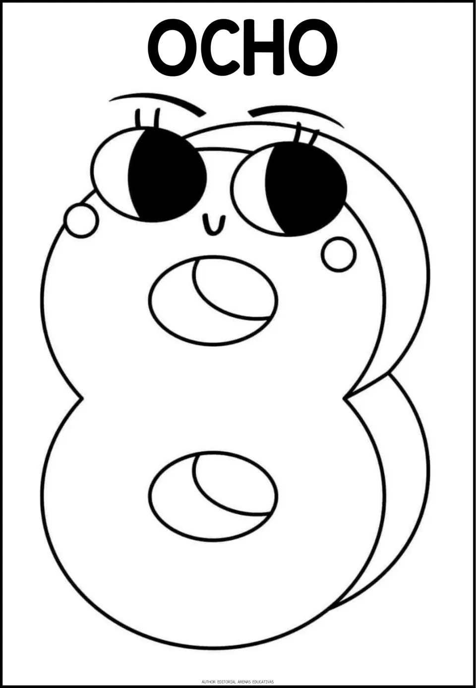 Spanish word OCHO labels a big outlined 8 with a cartoon face and eyelashes; students color the numeral eight in Spanish