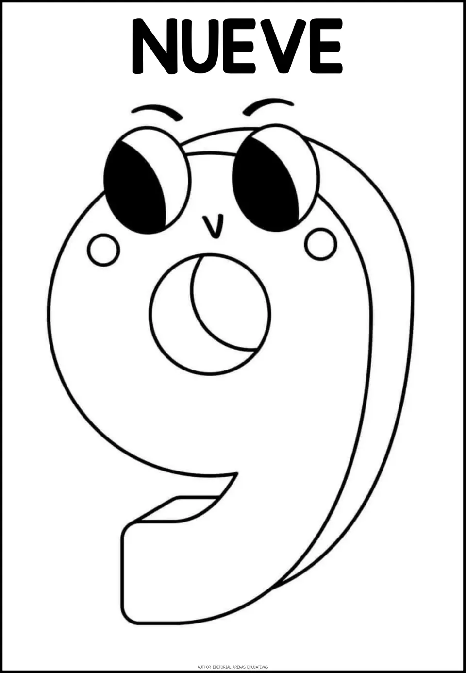 NUEVE heading in Spanish over a large outlined 9 with round eyes and cheek dots; students color the last numeral, nine