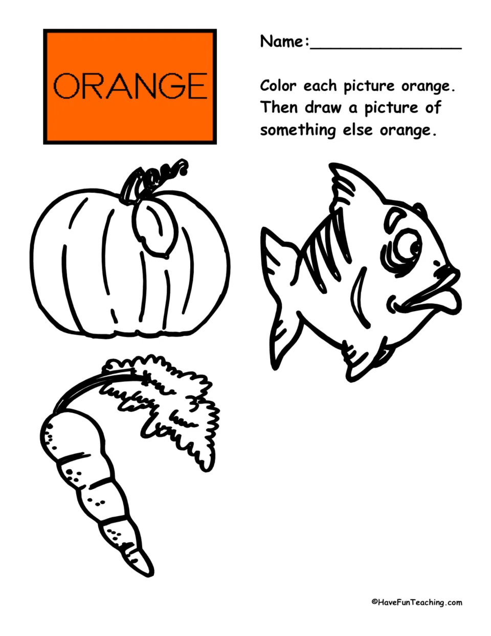 Orange coloring worksheet: color a pumpkin, fish, and carrot orange, then draw something else orange.