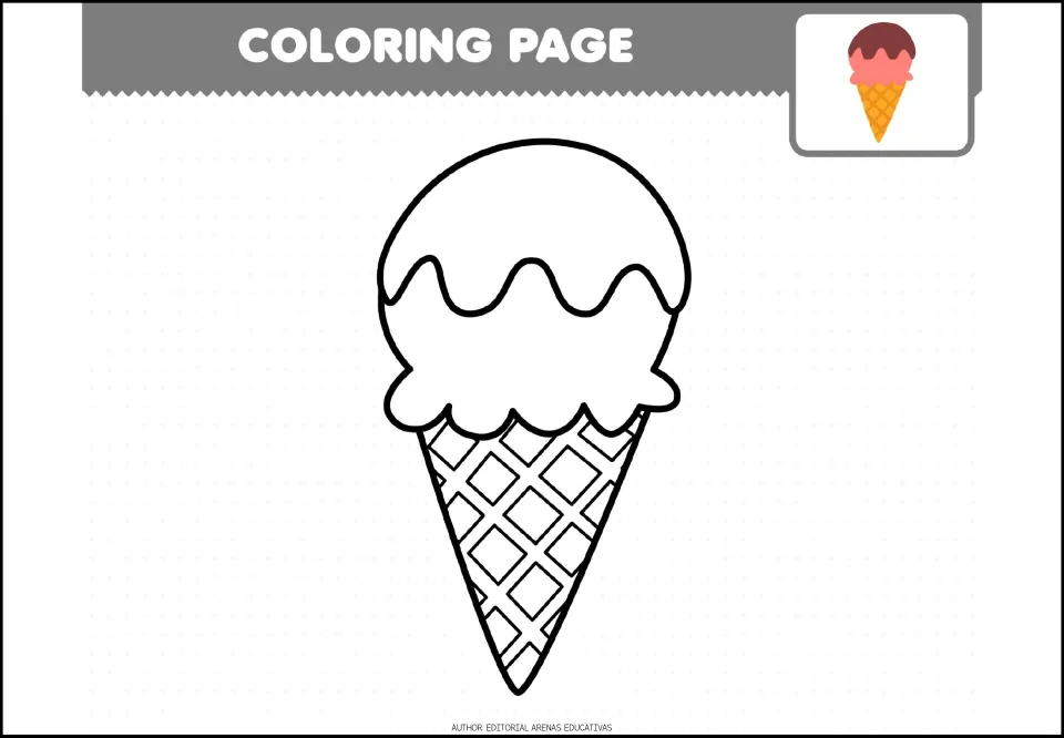 Coloring sheet 1 of 7: an ice cream cone with a waffle pattern and dripping topping, plus a colored example