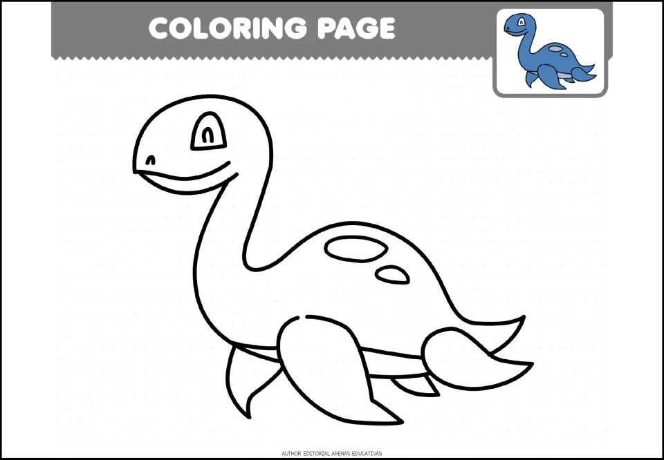 Coloring sheet 2 of 7: a smiling, long-necked sea reptile with flippers and spots, plus a blue example