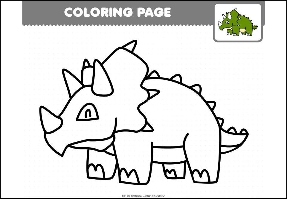 Coloring sheet 3 of 7: a horned dinosaur with a large frill and spikes along its back, plus a green example