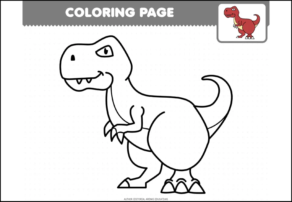 Coloring sheet 4 of 7: a Tyrannosaurus rex with small arms, pointed teeth, and a curved tail, plus a red example