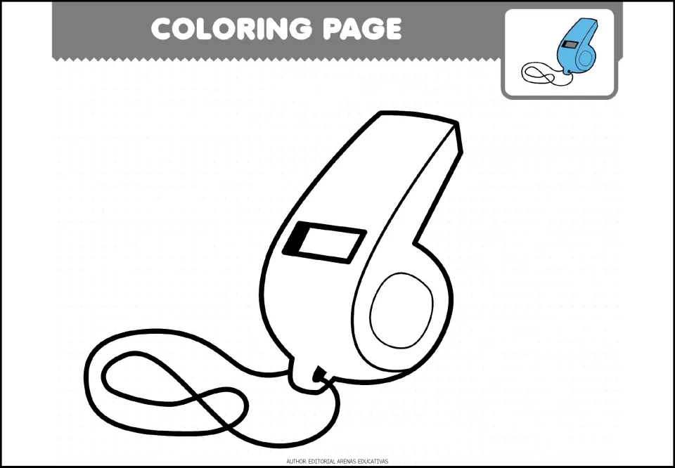 Coloring sheet 5 of 7: a whistle attached to a looping cord, accompanied by a small blue colored example