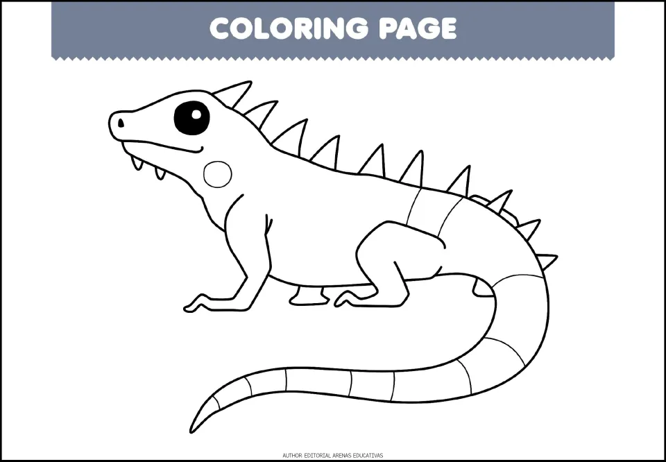 Coloring sheet 6 of 7: an iguana with pointed spikes along its back and a long, curved tail divided into bands