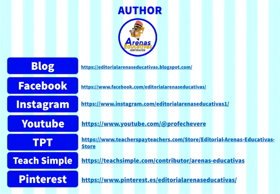 Author information page for the coloring resource, identifying Editorial Arenas Educativas and its online profiles