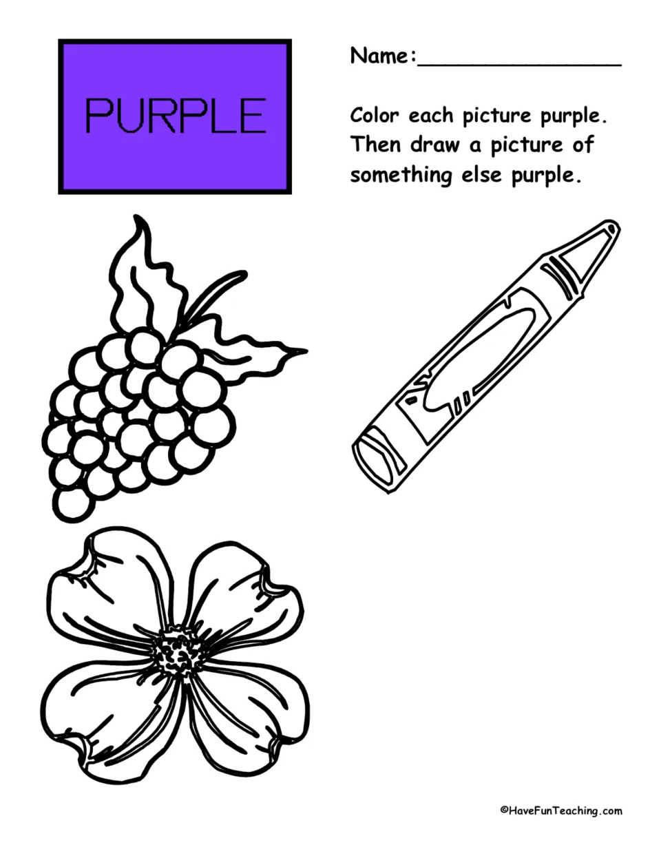Purple color recognition: students color grapes, a crayon and a flower purple, then draw one more purple thing