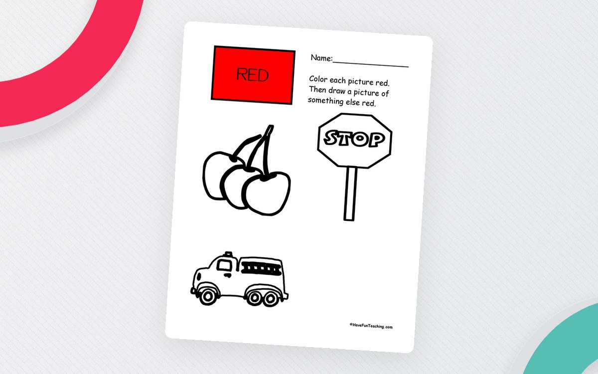 Coloring Red Pictures Worksheet worksheet page with the activity title and student response area.