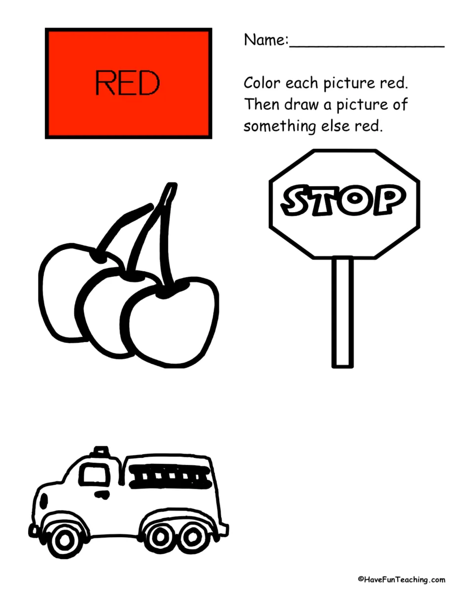 Color red: students color cherries, a stop sign and a fire truck red, then draw another red object of their own