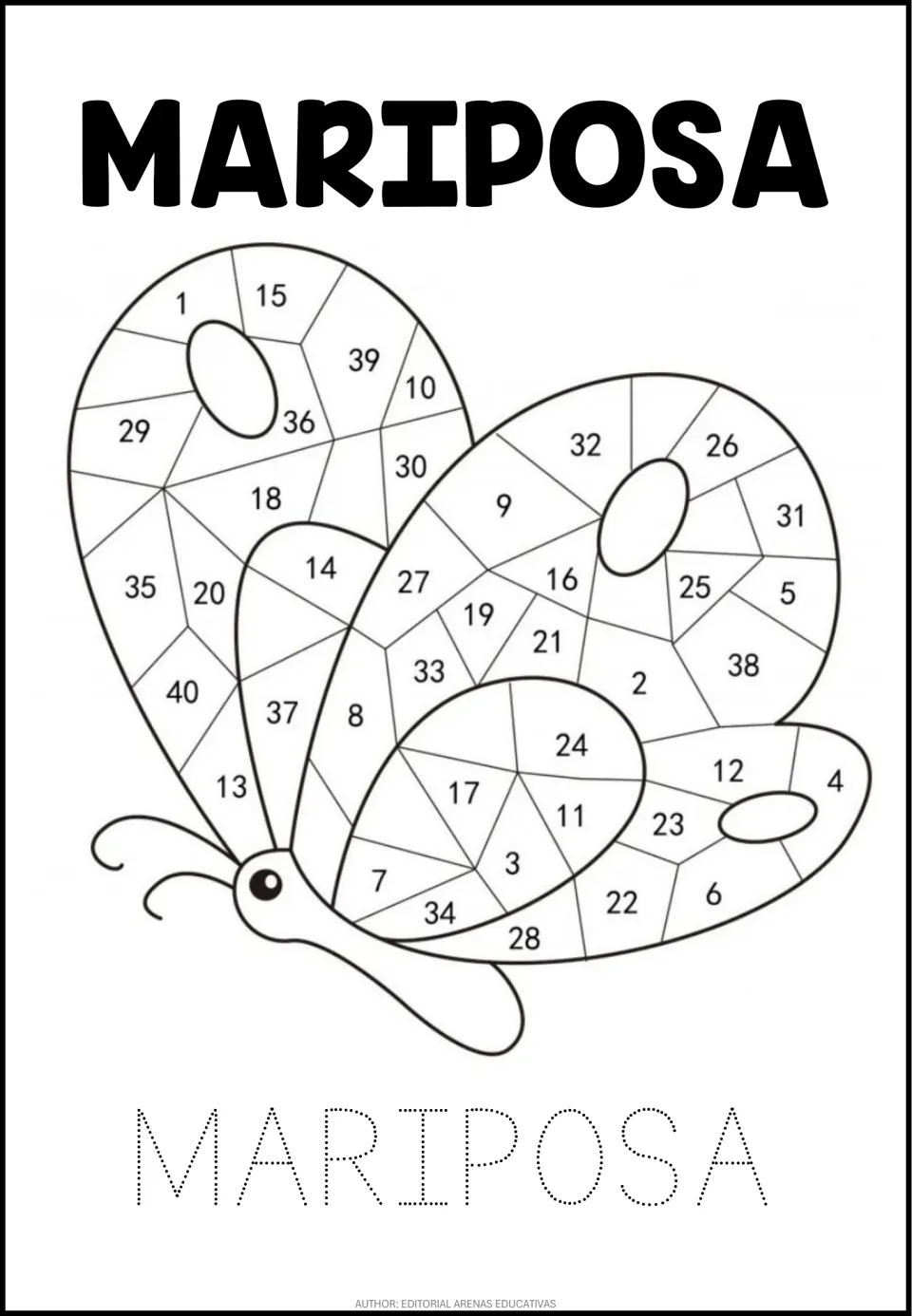 Animal number coloring worksheet: butterfly sections numbered 1–40 and MARIPOSA (butterfly) to trace
