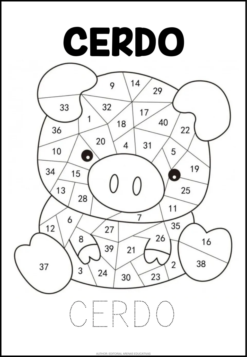 Animal number coloring worksheet: pig sections numbered 1–40 and the Spanish word CERDO (pig) to trace