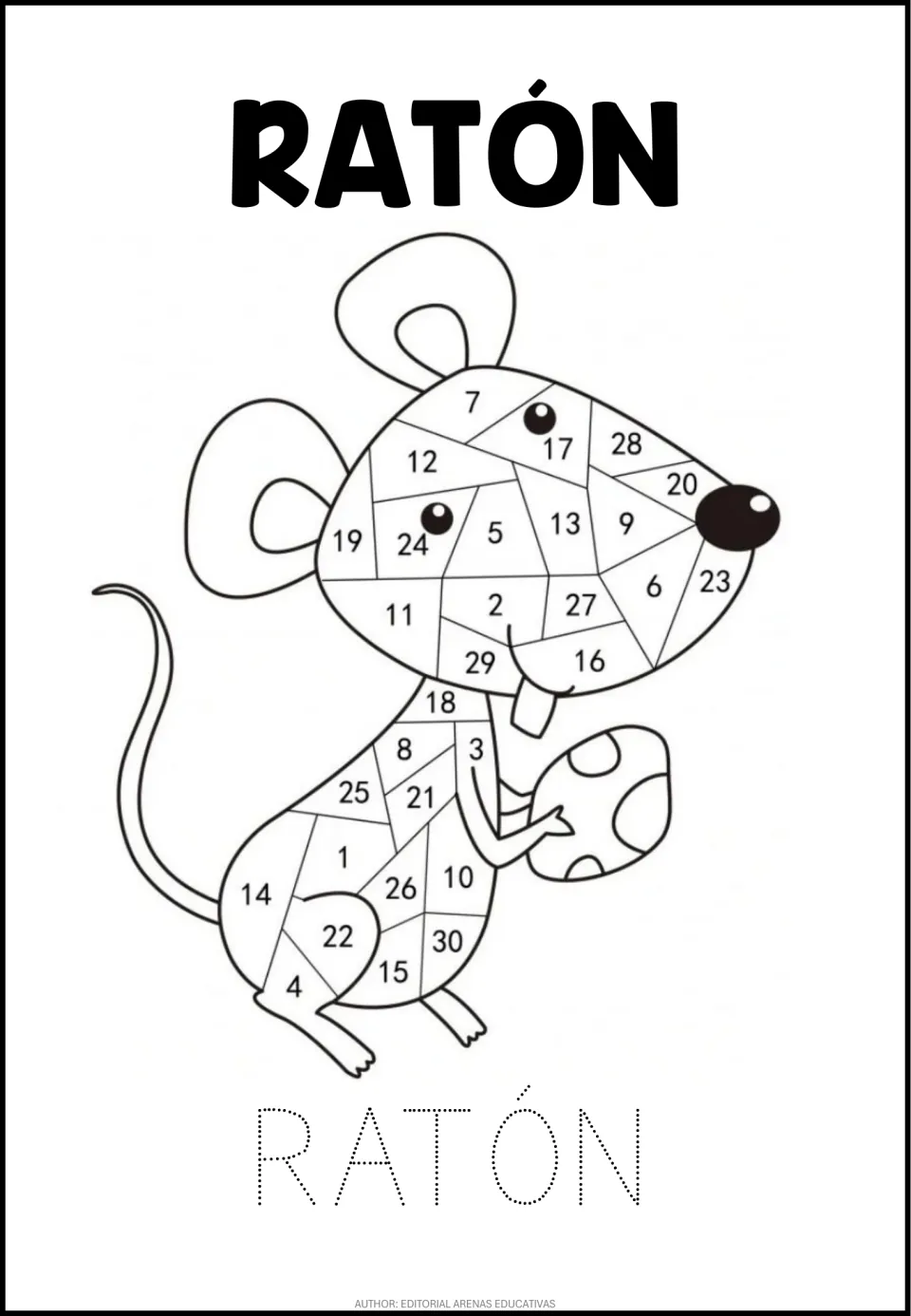 Animal number coloring worksheet: mouse sections numbered 1–30 and RATÓN (mouse) to trace