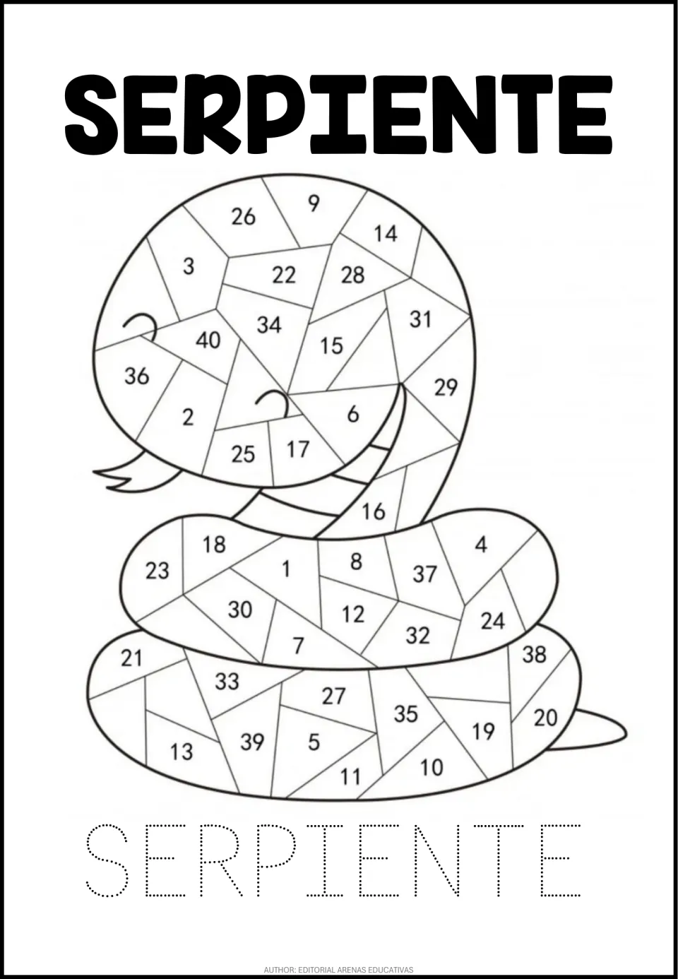 Animal number coloring worksheet: snake sections numbered 1–40 and SERPIENTE (snake) to trace