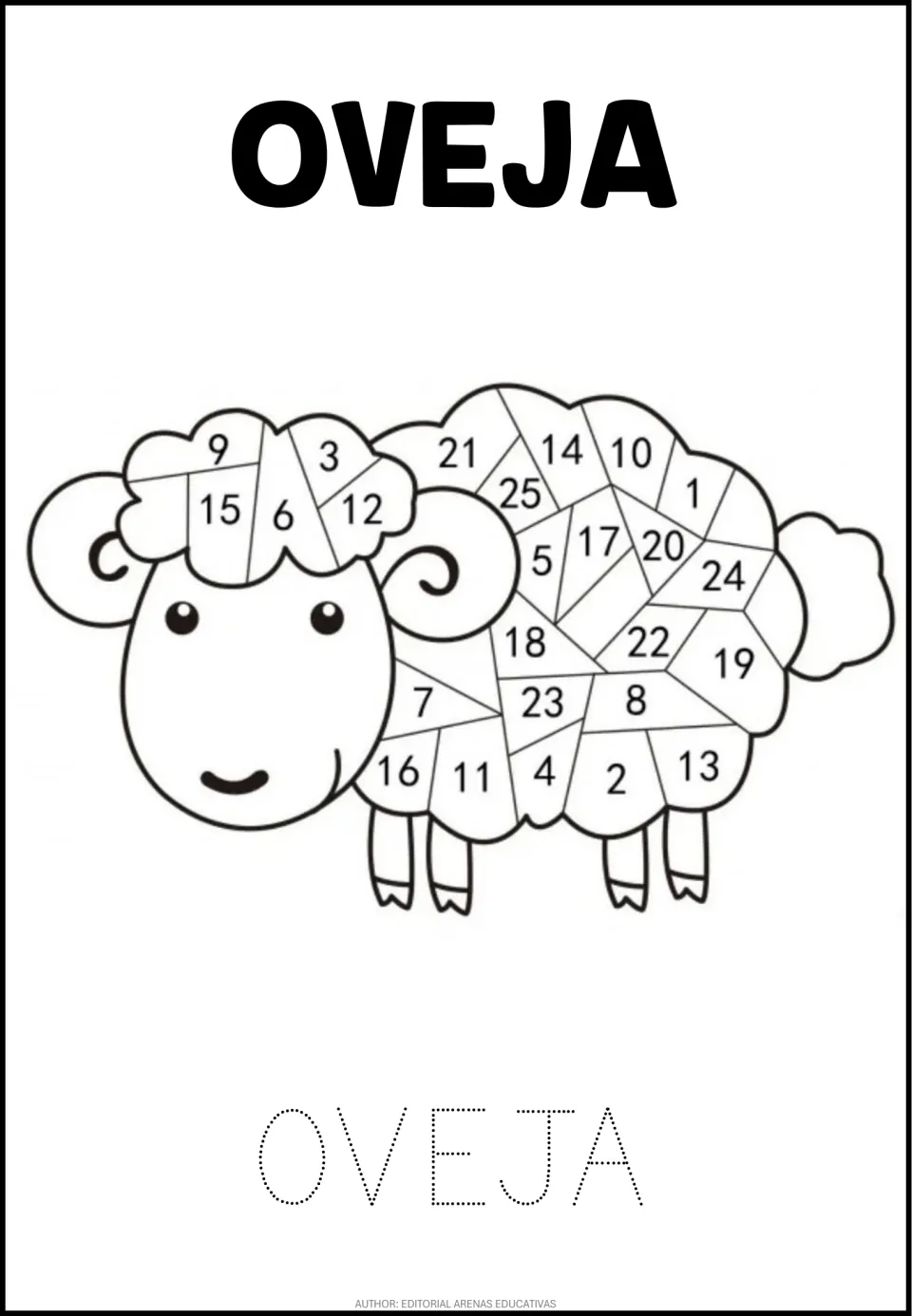 Animal number coloring worksheet: sheep sections numbered 1–25 and OVEJA (sheep) to trace