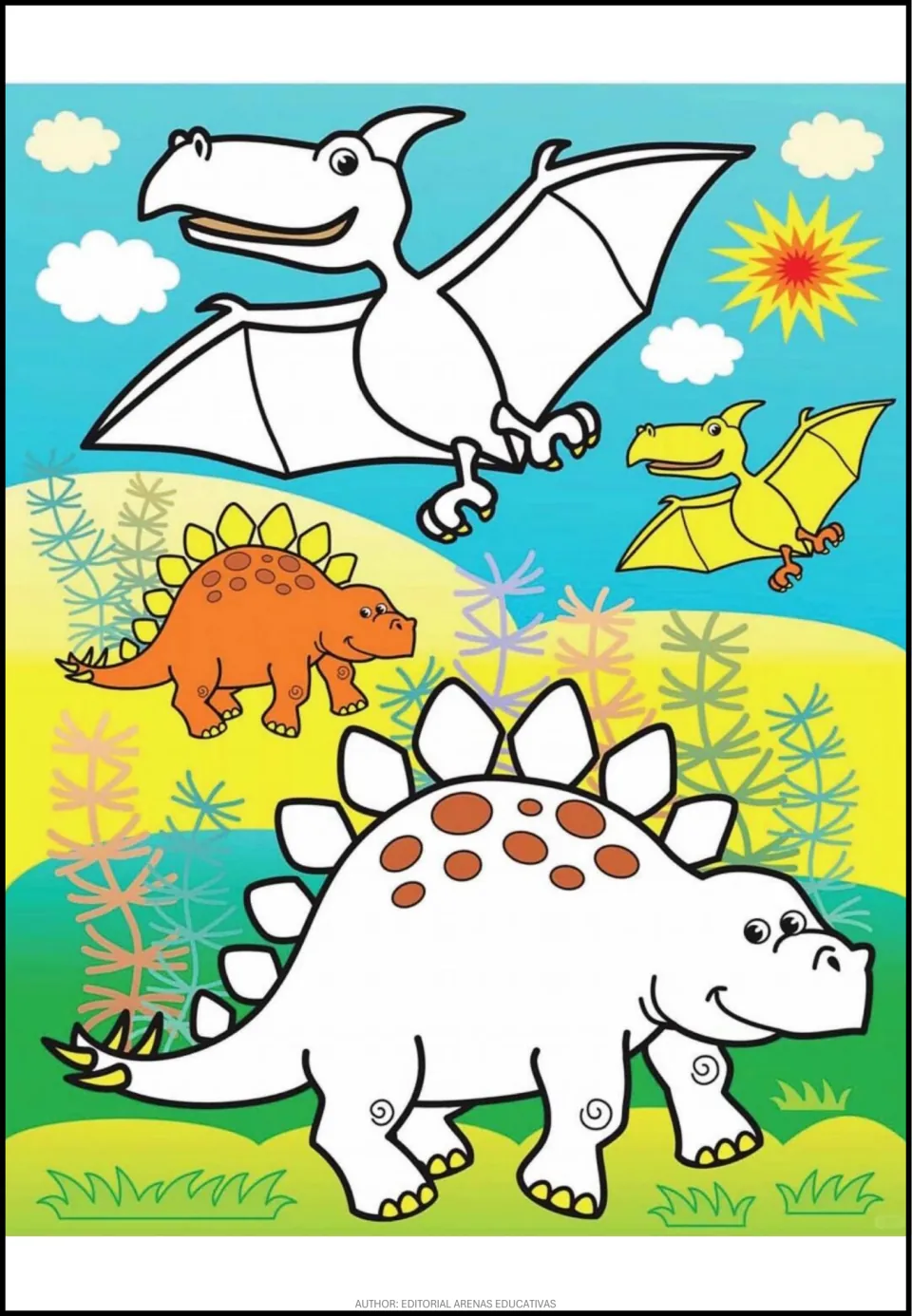 Coloring scene 1 of 8: a large pterosaur and stegosaurus to color, with smaller colored examples of each
