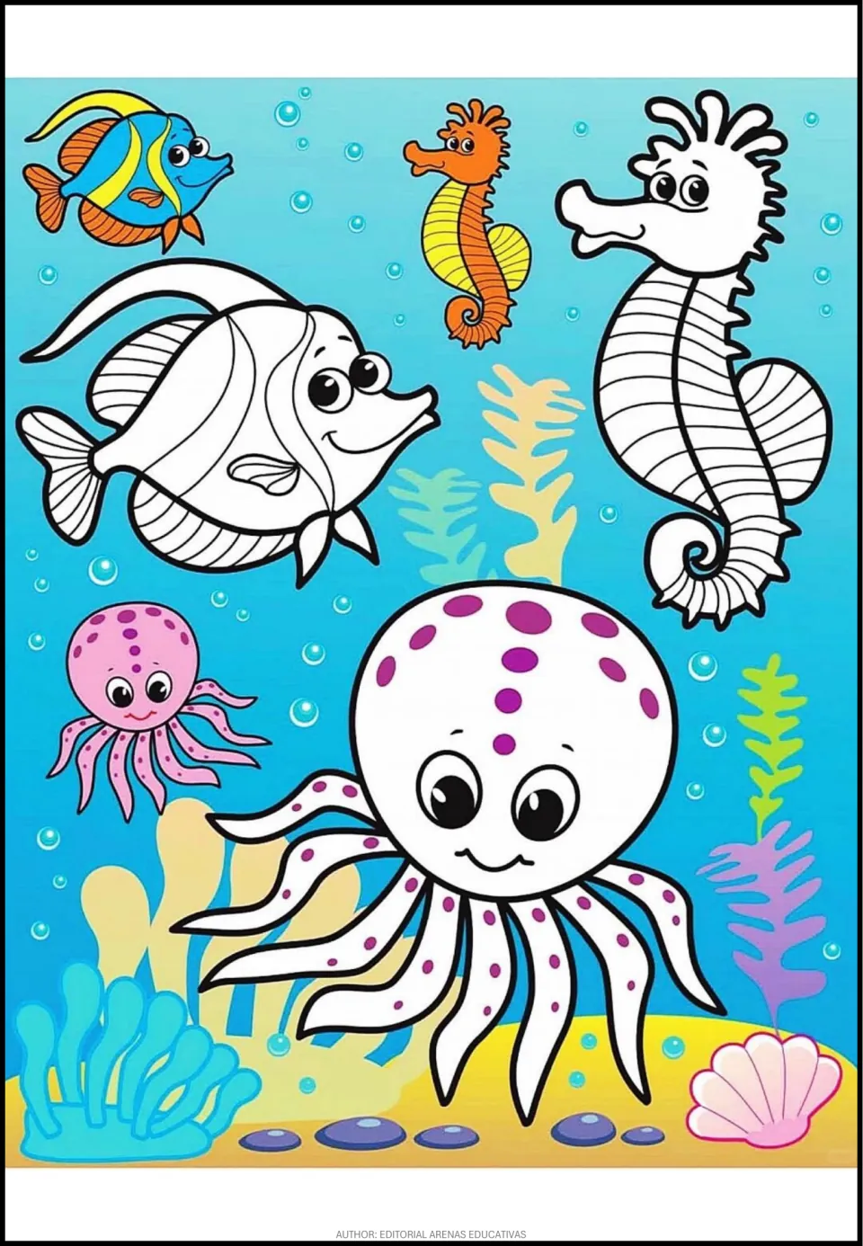 Coloring scene 2 of 8: a fish, seahorse, and octopus to color, each paired with a smaller colored example