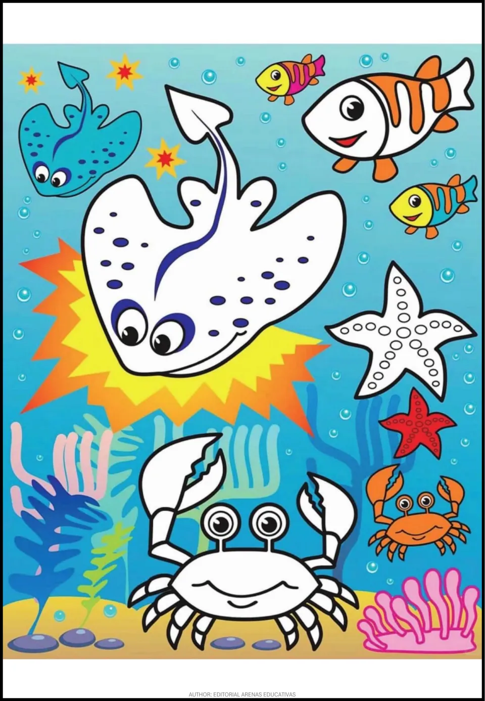 Coloring scene 3 of 8: a stingray, fish, starfish, and crab with white areas to fill and colored examples