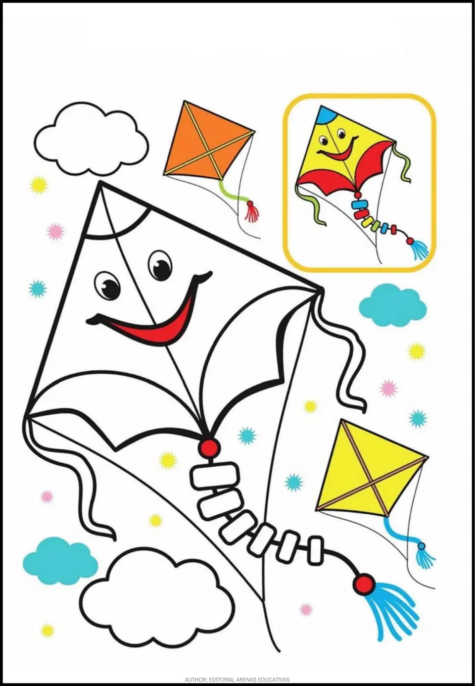 Coloring scene 4 of 8: a smiling kite with a segmented tail, a small colored model, and two other kites