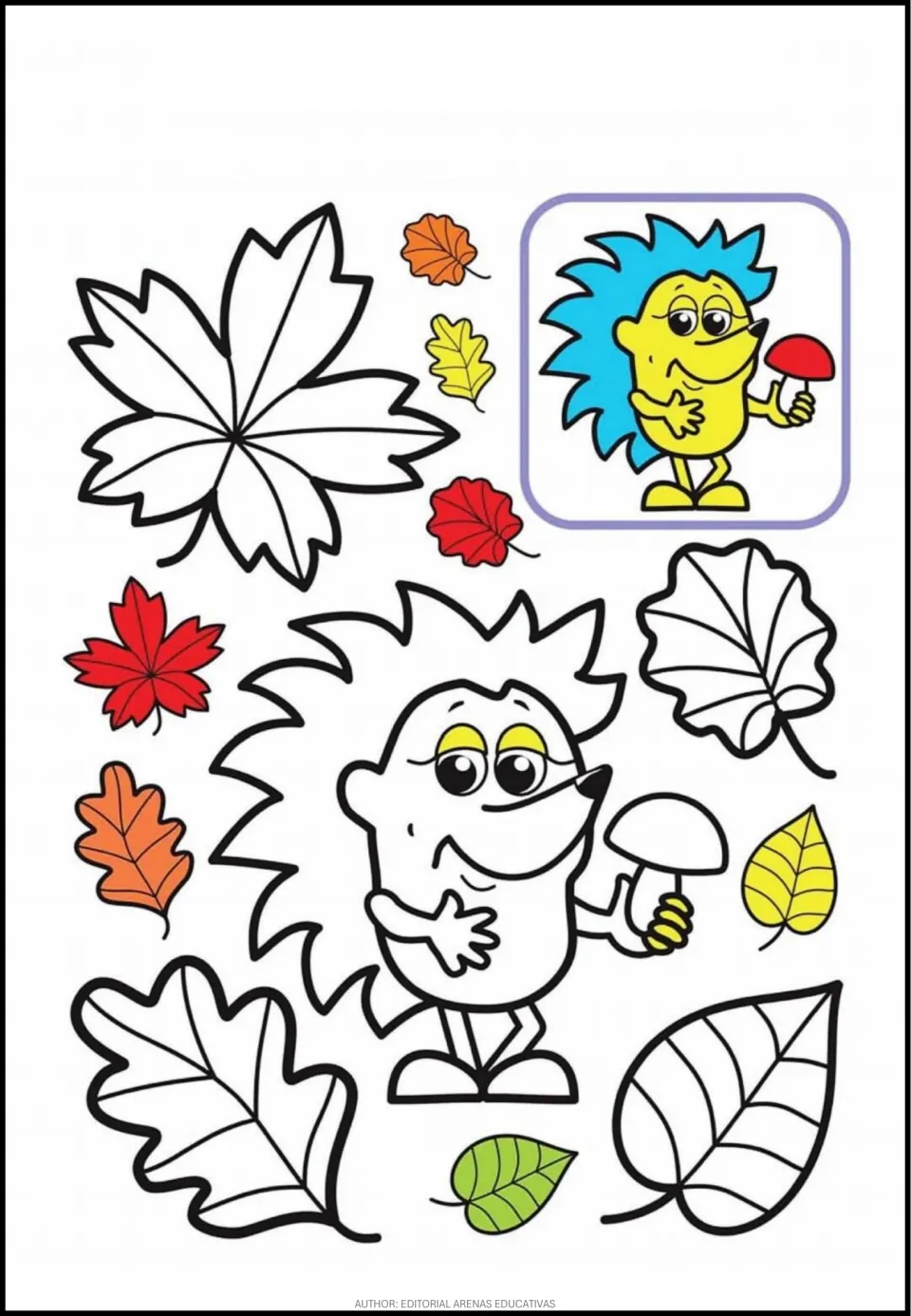 Coloring scene 5 of 8: a hedgehog holding a mushroom among leaves, with a smaller colored hedgehog model