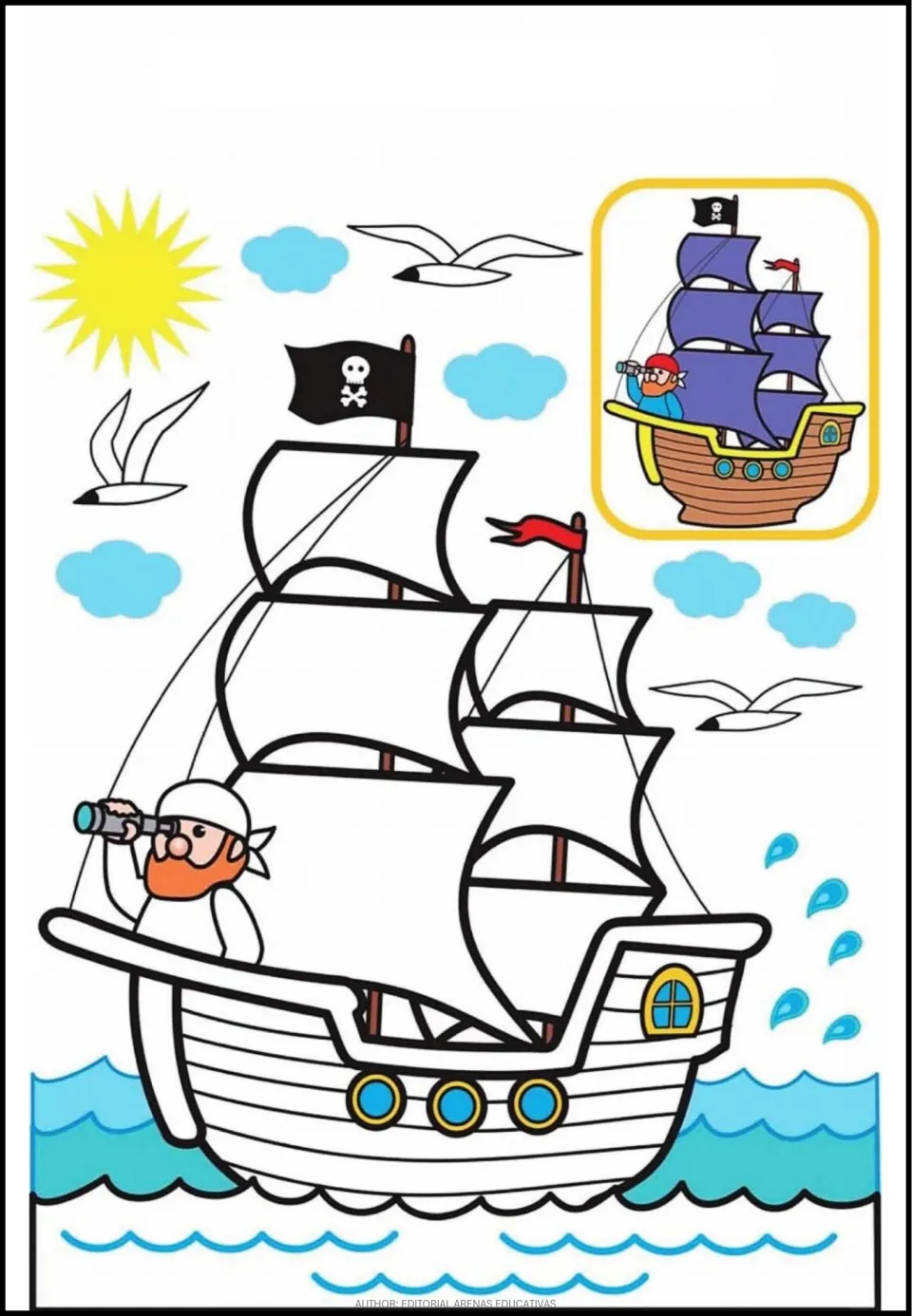 Coloring scene 6 of 8: a pirate ship with sails and a pirate using a telescope, plus a colored ship model