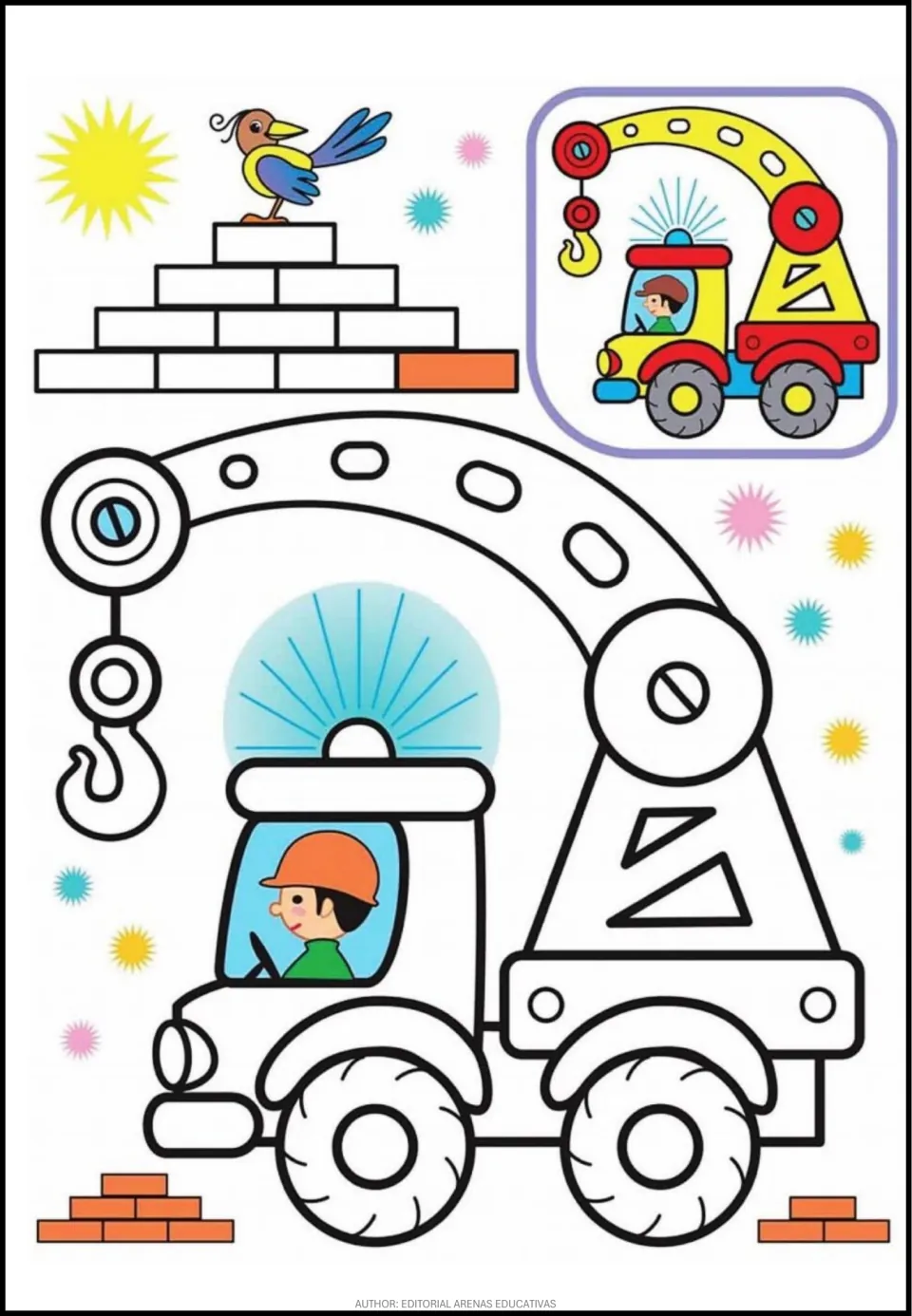 Coloring scene 7 of 8: a crane truck with a hook and driver, stacks of bricks, and a smaller colored model