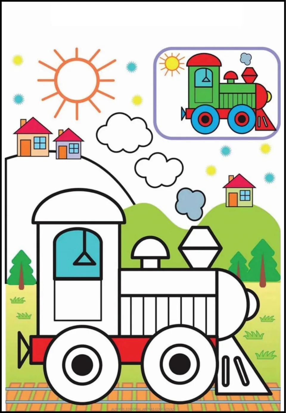 Coloring scene 8 of 8: a locomotive on tracks near houses and trees, with a smaller colored train model