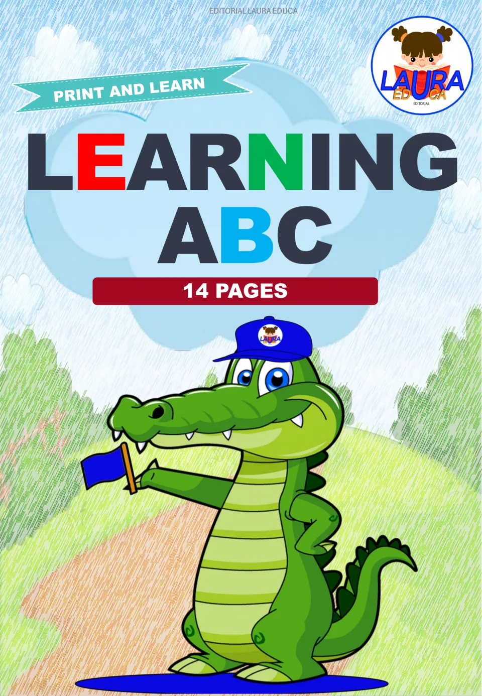 Alphabet coloring minibook cover titled “Learning ABC,” with “Print and Learn” and a stated 14 pages
