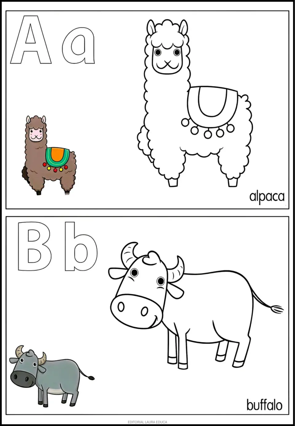 Alphabet coloring entries A–B: uppercase and lowercase letters, alpaca and buffalo, with color examples