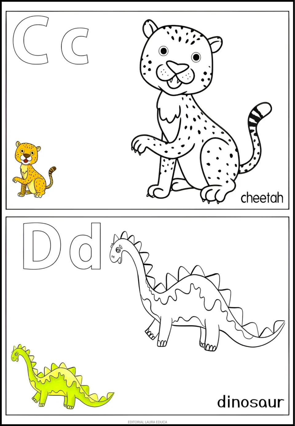 Alphabet coloring entries C–D: uppercase and lowercase letters, cheetah and dinosaur, with color examples