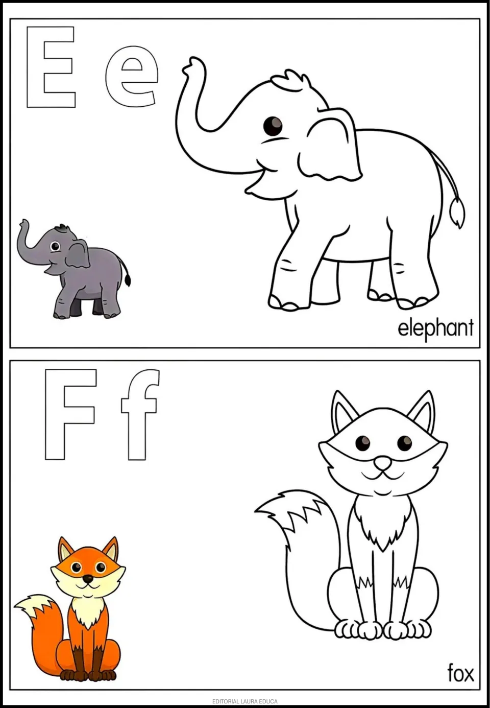 Alphabet coloring entries E–F: uppercase and lowercase letters, elephant and fox, with color examples