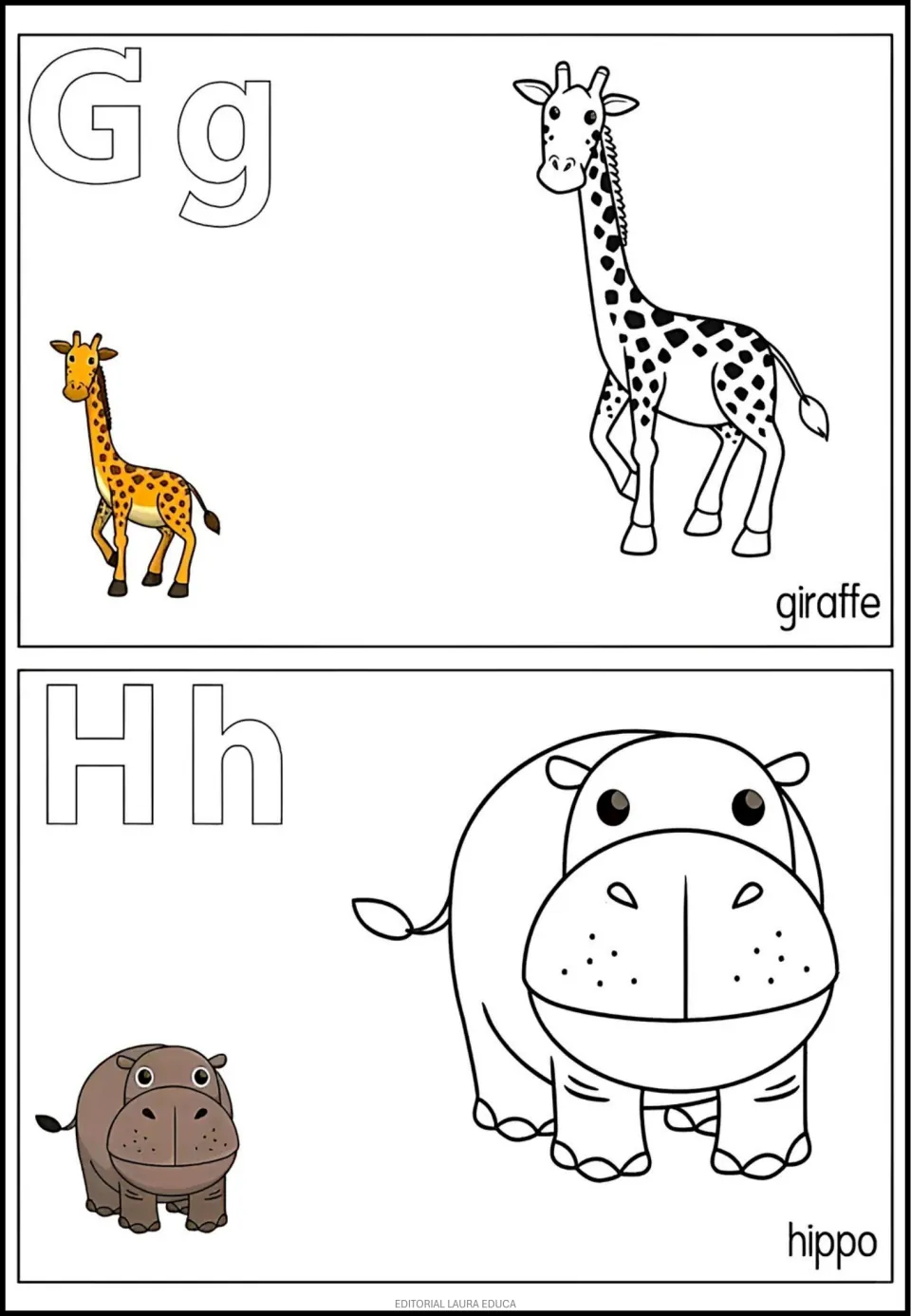 Alphabet coloring entries G–H: uppercase and lowercase letters, giraffe and hippo, with color examples