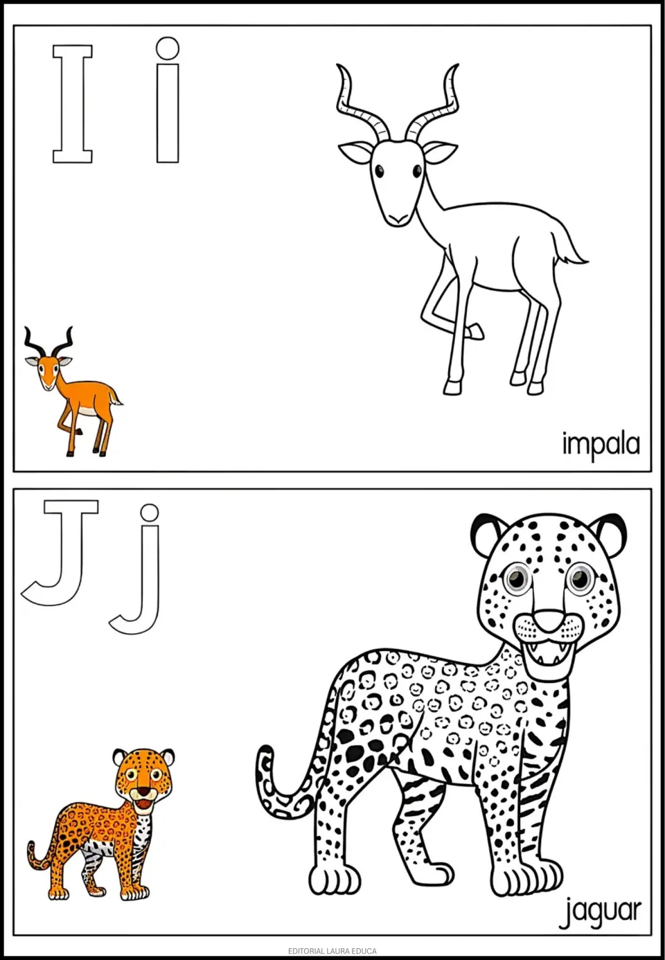 Alphabet coloring entries I–J: uppercase and lowercase letters, impala and jaguar, with color examples