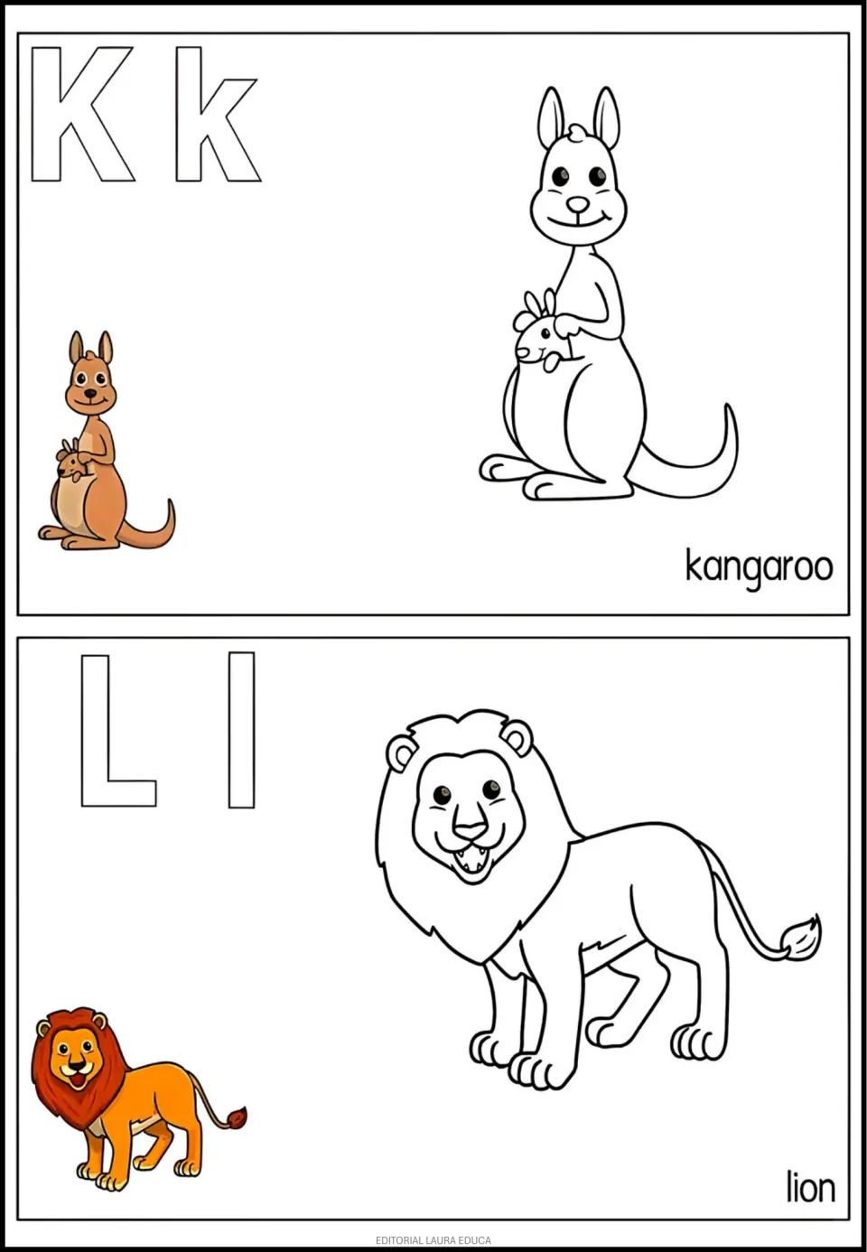 Alphabet coloring entries K–L: uppercase and lowercase letters, kangaroo and lion, with color examples