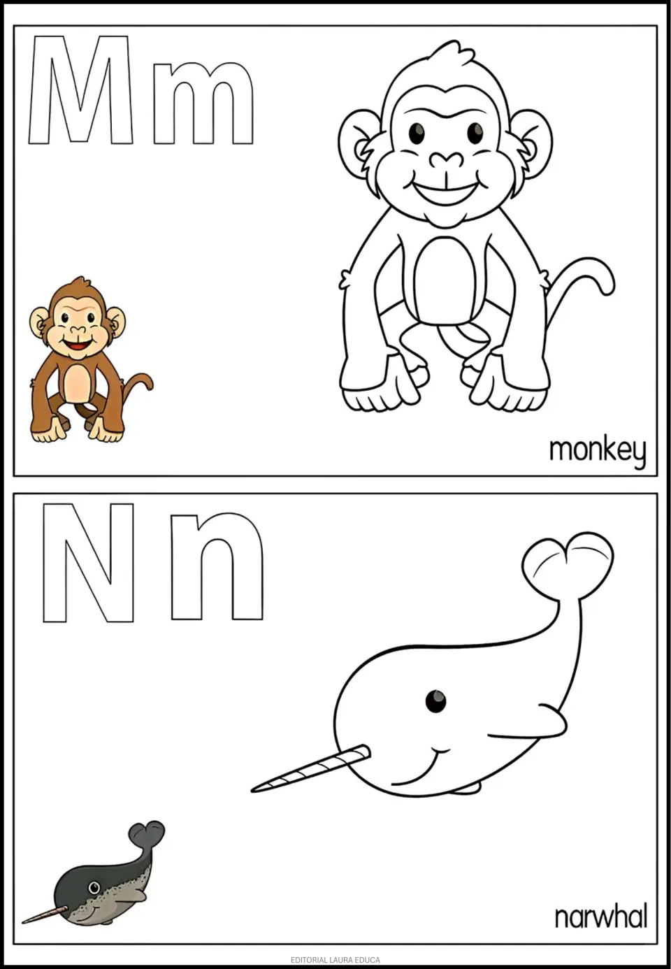 Alphabet coloring entries M–N: uppercase and lowercase letters, monkey and narwhal, with color examples