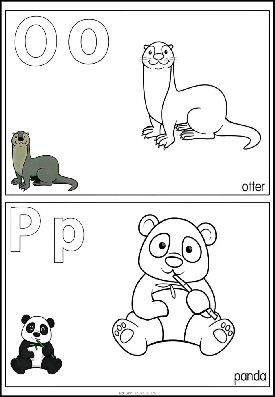 Alphabet coloring entries O–P: uppercase and lowercase letters, otter and panda, with color examples