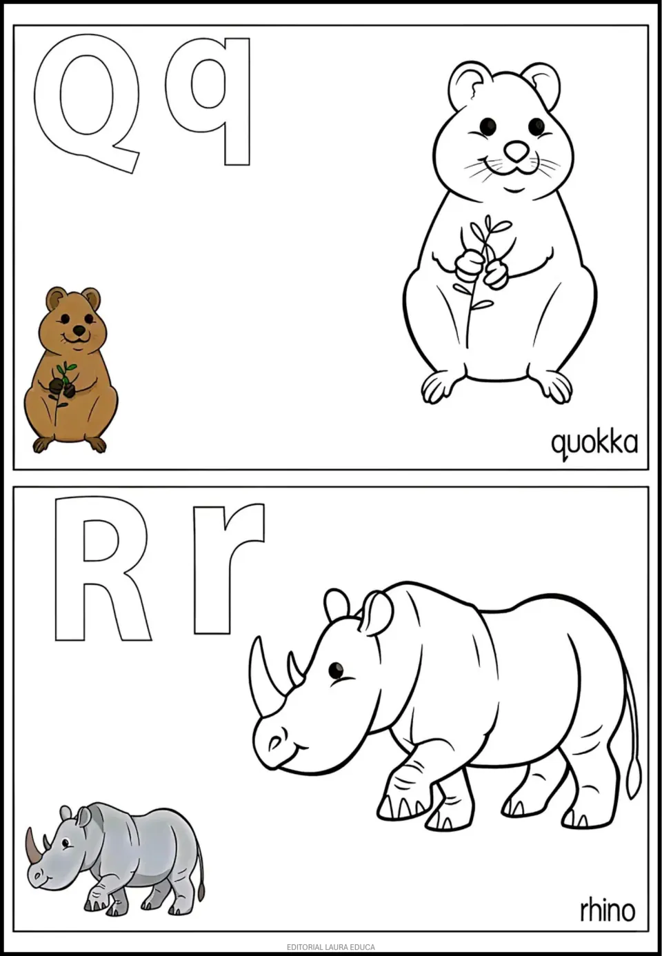 Alphabet coloring entries Q–R: uppercase and lowercase letters, quokka and rhino, with color examples