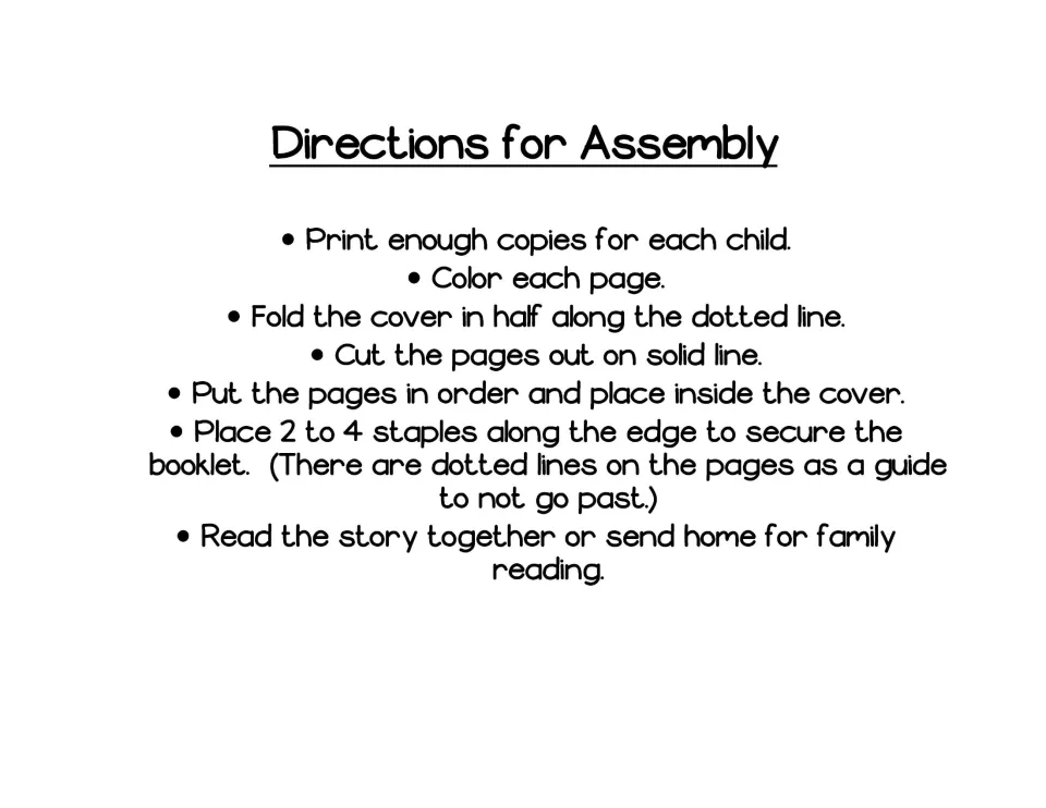 Booklet assembly directions: print, color, fold the cover, cut and order the pages, staple, and read together